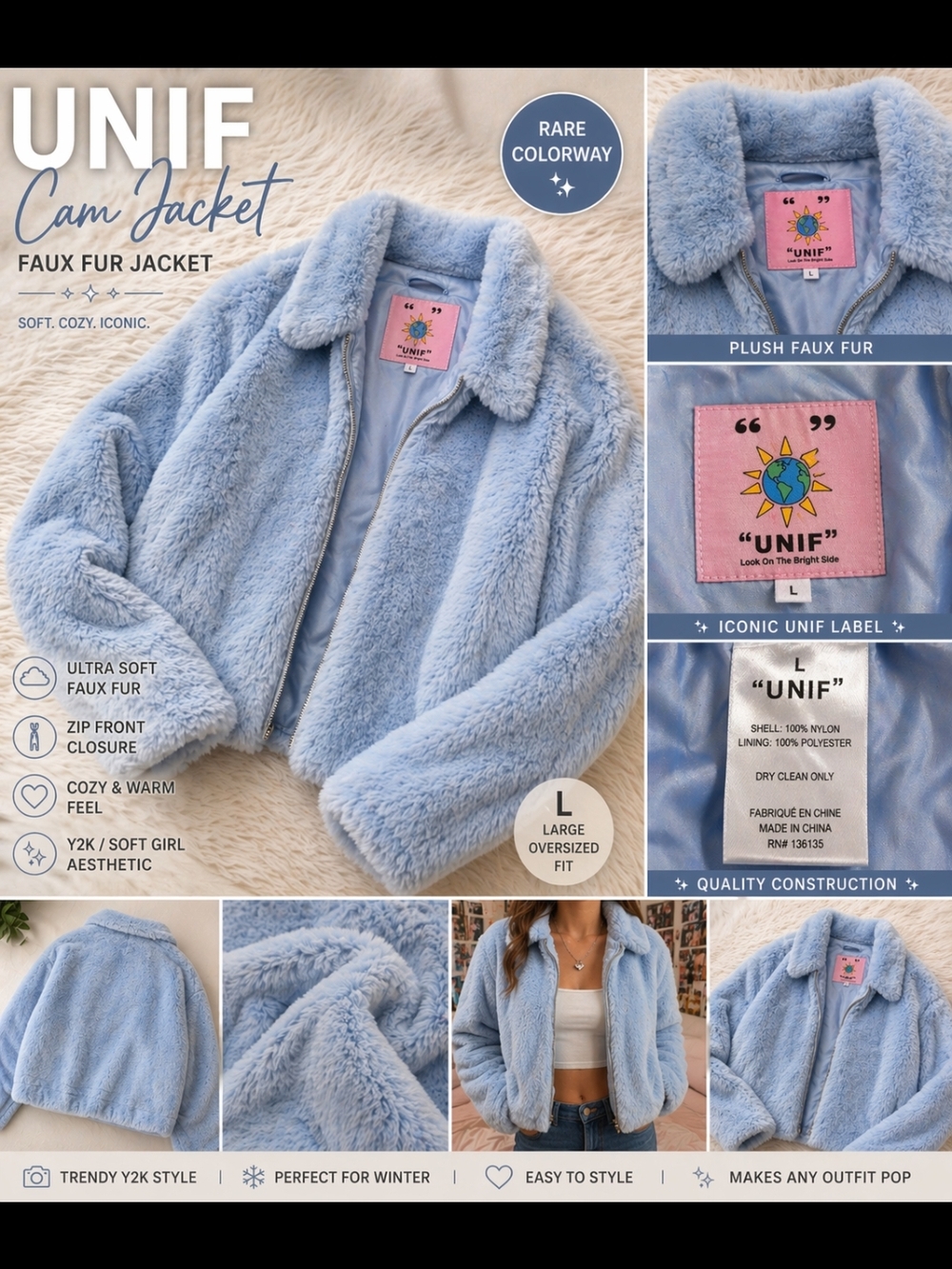 EUC UNIF Cam Jacket L Baby Blue Faux Fur Y2K Cropped Zip Plush Teddy Coat Rare